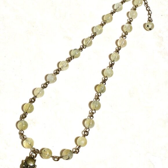 Natural Yellow Green Prehnite Necklace, Bronze Fortune Cat + Genuine Gemstone - Picture 6 of 16